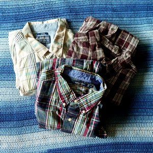 3 Mens XL Long Sleeve Shirts Plaid Blue Wine